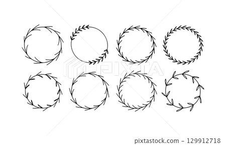 Simple black and white wreath designs showcasing various circular shapes and leaf patterns in a minimalist style 129912718