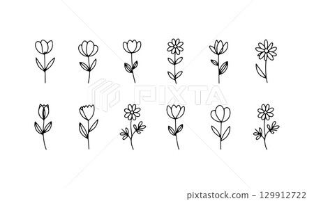 Various hand-drawn floral designs showcasing different types of flowers arranged in two rows on a white background Various hand-drawn floral designs showcasing different types of flowers arranged in two rows on a white background 129912722