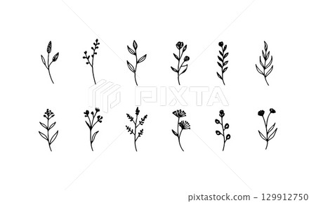 Whimsical Mini Flowers. A lively group of varied small flower icons with playful shapes and organic balance, ideal for fun and casual designs. 129912750