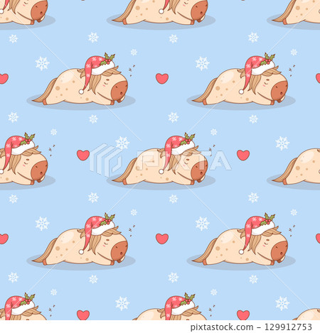 Seamless pattern Cute Christmas sleeping Little Horse in Santa hat on blue background with snowflakes. Funny festive Animal Pony. Symbol 2026 to Eastern calendar. Vector illustration. Not AI Seamless pattern Cute Christmas sleeping Little Horse in Santa hat on blue background with snowflakes. Funny festive Animal Pony. Symbol 2026 to Eastern calendar. Vector illustration. Not AI 129912753
