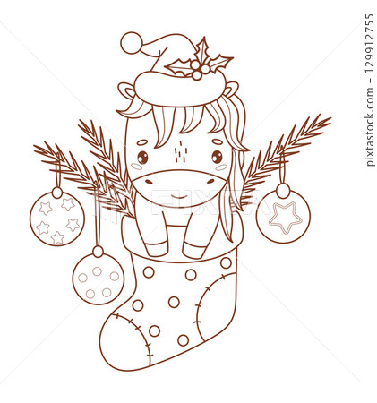 Outline Cute New Year Pony in Santa hat In Christmas Stocking. Funny kawaii animal. Line drawing, coloring book. Horse Symbol 2026 year to Eastern calendar. Vector illustration. Not AI Outline Cute New Year Pony in Santa hat In Christmas Stocking. Funny kawaii animal. Line drawing, coloring book. Horse Symbol 2026 year to Eastern calendar. Vector illustration. Not AI 129912755