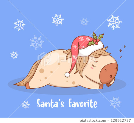 Cute Christmas lying sleeping Little Horse in Santa hat with snowflakes. Funny winter festive kawaii animal. Vector illustration. Holiday New Year cool card. Kids collection. Not AI Cute Christmas lying sleeping Little Horse in Santa hat with snowflakes. Funny winter festive kawaii animal. Vector illustration. Holiday New Year cool card. Kids collection. Not AI 129912757