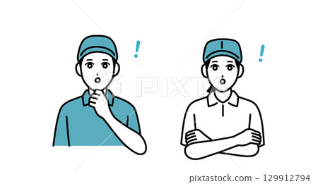 Surprised male and female delivery staff avatar set Surprised male and female delivery staff avatar set 129912794