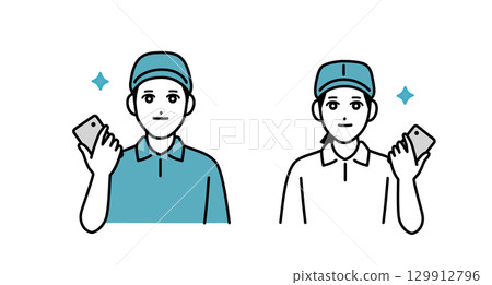 Male and female delivery staff with smartphones Male and female delivery staff with smartphones 129912796