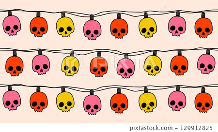 Seamless Pattern with Halloween Skull String Lights Seamless Pattern with Halloween Skull String Lights 129912825