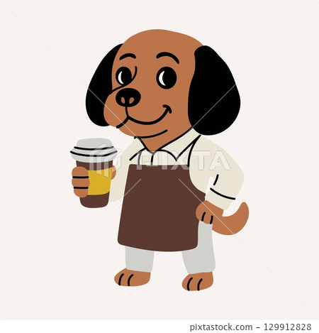 Cute Cartoon Dog Barista Holding Coffee Cup 129912828
