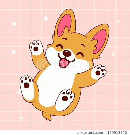 Cute Happy Corgi Lying on Back with Tongue Out 129912830