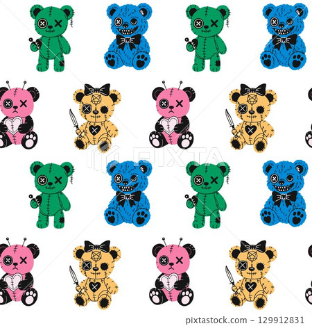 Seamless Pattern with Halloween Plush Bear Characters with Stitches and Buttons Seamless Pattern with Halloween Plush Bear Characters with Stitches and Buttons 129912831