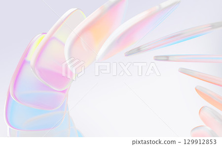 Abstract geometric 3d background with glass square plates row, pearlescent rainbow gradient. Holographic iridescent ribbon with circular effect in pink, blue and yellow colors render. 3D illustration Abstract geometric 3d background with glass square plates row, pearlescent rainbow gradient. Holographic iridescent ribbon with circular effect in pink, blue and yellow colors render. 3D illustration 129912853