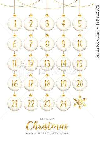 advent calendar with hanging christmas balls in white and golden colors vector illustration 129912879