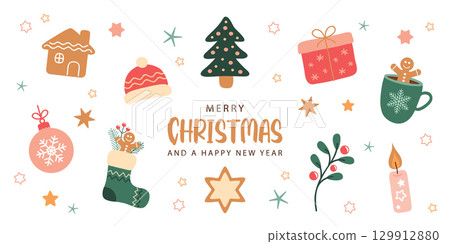 cute christmas greeting card with decoration winter elements isolated vector illustration cute christmas greeting card with decoration winter elements isolated vector illustration 129912880