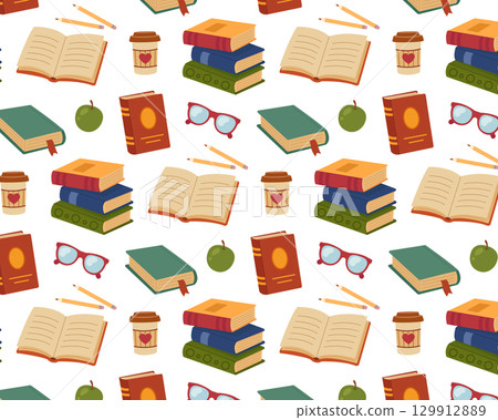 Book pattern. Stacks of books and open books. Vector illustration in flat style Book pattern. Stacks of books and open books. Vector illustration in flat style 129912889