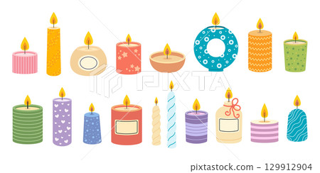 A cosy home decor set with wax candles. Aromatherapy. Flat vector illustration isolated on a white background A cosy home decor set with wax candles. Aromatherapy. Flat vector illustration isolated on a white background 129912904