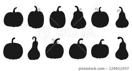 Black silhouettes of pumpkins. Isolated white background. Design for Halloween. Vector flat illustration Black silhouettes of pumpkins. Isolated white background. Design for Halloween. Vector flat illustration 129912937