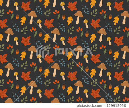 Autumn pattern made of leaves, berries, and mushrooms. Vector illustration Autumn pattern made of leaves, berries, and mushrooms. Vector illustration 129912938