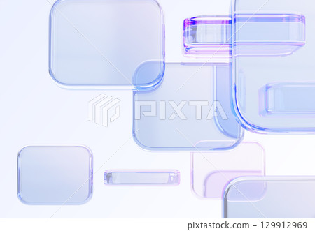 3d holographic glass morphism abstract geometric block pattern. Digital technology background with square and rectangle shapes. Crystal plates with blue purple gradient texture render. 3D illustration 129912969