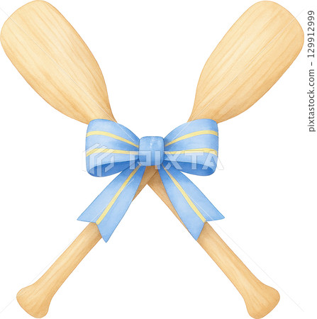 Fisherman aesthetic wooden oars crossed with a decorative blue ribbon bow 129912999
