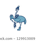 Color illustration of a sideways ostrich standing in the cold with a gift 129913009