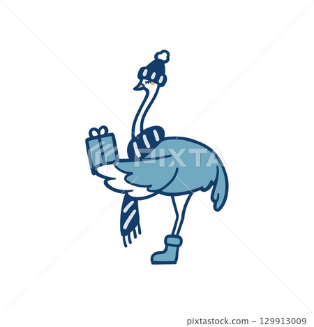 Color illustration of a sideways ostrich standing in the cold with a gift 129913009