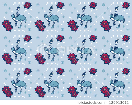 一隻鴕鳥拿著禮物在雪地裡等待,背景是盛開的一品紅 一隻鴕鳥拿著禮物在雪地裡等待,背景是盛開的一品紅 129913011