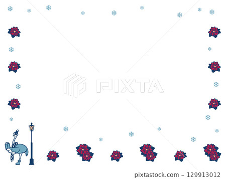 A frame illustration of an ostrich waiting with a present in a place where poinsettias are blooming in the snow 129913012