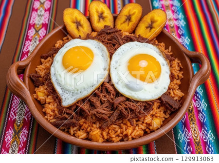 Bolivian majadito a traditional dish with dried meat rice fried eggs and plantains 129913063