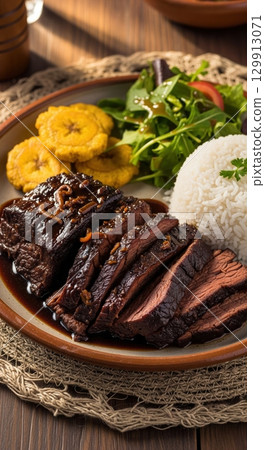 Delicious colombian posta negra cartagenera with rice and tostones on a rustic plate 129913071