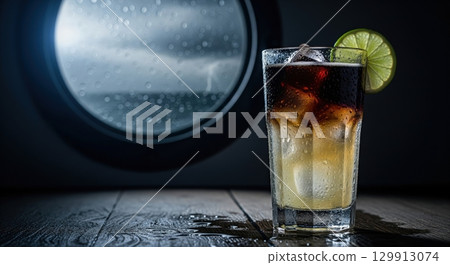 Delicious dark n stormy cocktail with a dark rum floater and lime on a ship during a storm 129913074