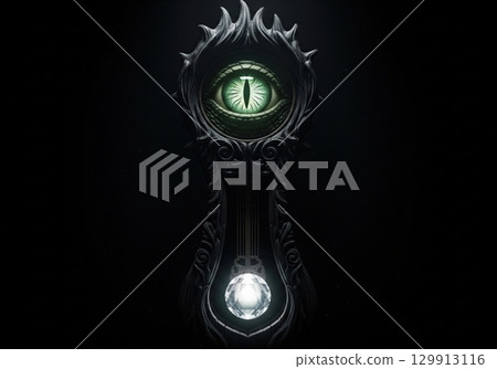 Fantasy grandfather clock with a dragon eye and a glowing diamond pendulum on a dark background 129913116