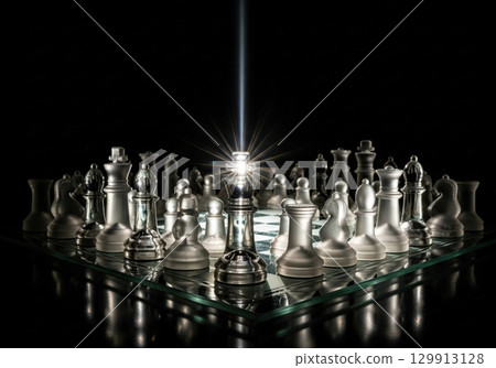 Glass chess set with a glowing king in the center symbolizing leadership and strategy 129913128