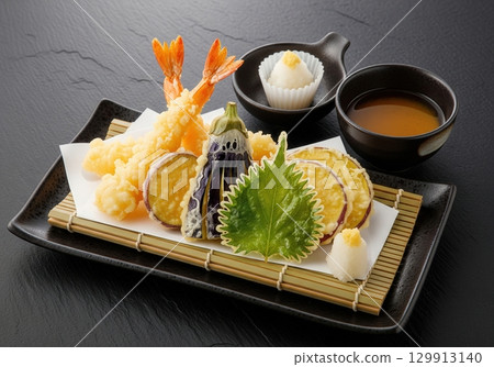 Japanese tempura platter with shrimp and vegetables a classic dish with dipping sauce 129913140