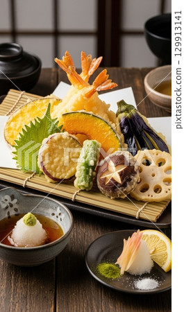 Japanese tempura platter with shrimp and vegetables served with a dipping sauce 129913141