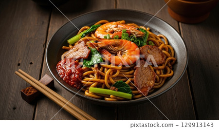 Traditional malaysian Hokkien Mee fried noodles with shrimp, pork and a spicy sambal chili 129913143