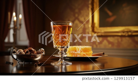 Glass of polish krupnik honey liqueur with honeycomb and spices in a luxurious vintage room Glass of polish krupnik honey liqueur with honeycomb and spices in a luxurious vintage room 129913157