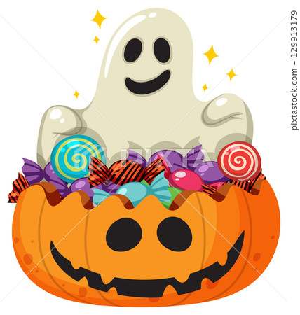 Smiling Ghost Rising from Pumpkin Candy Bowl Smiling Ghost Rising from Pumpkin Candy Bowl 129913179