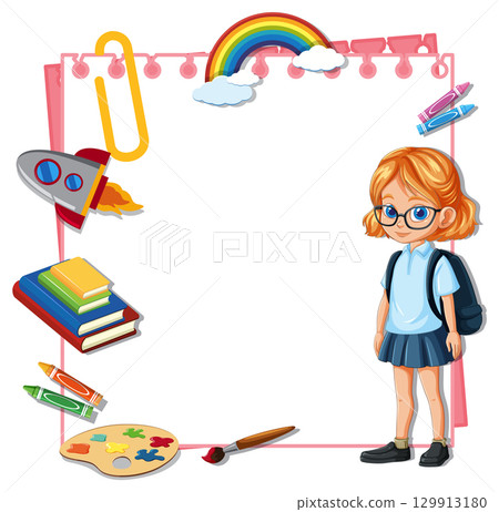 Schoolgirl with Backpack and Colorful School Supplies Frame 129913180