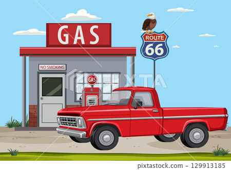 Retro Gas Station on Route 66 with Red Truck Retro Gas Station on Route 66 with Red Truck 129913185
