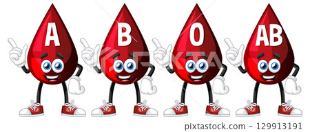 Cartoon Blood Drops Representing Four Blood Types 129913191