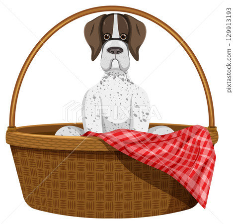 Spotted Boxer Puppy Sitting in Wicker Basket Spotted Boxer Puppy Sitting in Wicker Basket 129913193