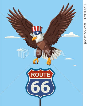 Eagle Soaring Above Route 66 Sign 129913211