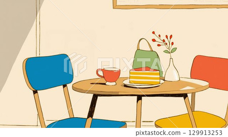 Cafe-style illustration of colorful chairs, cakes and coffee Cafe-style illustration of colorful chairs, cakes and coffee 129913253