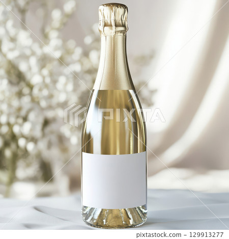 Custom label mockup of white champagne bottle with romantic flowers for bridal shower. 129913277