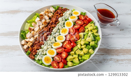 Classic cobb salad with chicken bacon egg avocado and blue cheese a healthy gourmet meal 129913302