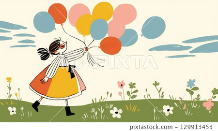 Illustration of a girl walking through a meadow with balloons 129913453