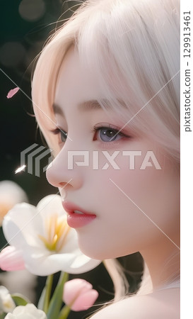 在溫柔的陽光下，戴著鮮花、化著淡妝的美麗金髮女子 129913461