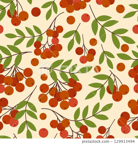 Ripe fresh rowan berries with leaves seamless pattern 129913494