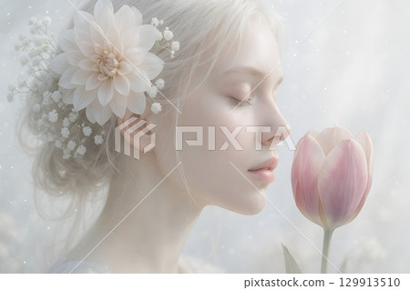 A silver-haired woman wearing a floral ornament leans her face against pink tulips in soft light 129913510