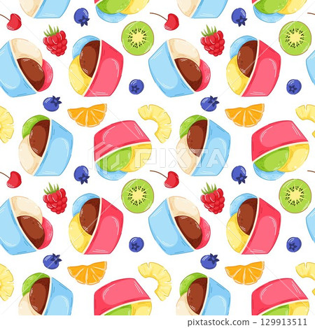 Seamless pattern of ice cream scoop in paper cup and fresh fruits on white background. Perfect for summer designs and cafe wallpaper. 129913511