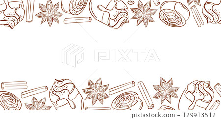 Horizontal frame made of cinnamon roll cupcake, star anise, coffee cup and sticks in line art style. Ideal for bakery packaging, recipe card, cafe menu and sweet dessert themed design. 129913512