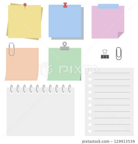 Illustrations of stationery such as sticky notes and notebooks Illustrations of stationery such as sticky notes and notebooks 129913539